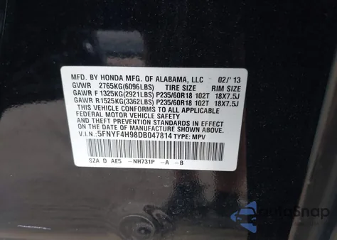 2013 Honda Pilot Touring from USA, damaged, VIN 5FNYF4H98DB047814